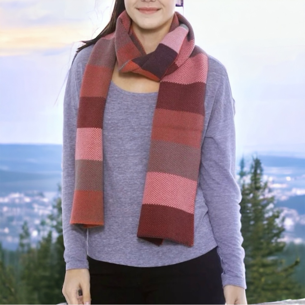 Winter Knit Striped Colorblock Scarf Unisex Reversible Long Wrap Gray and Pink